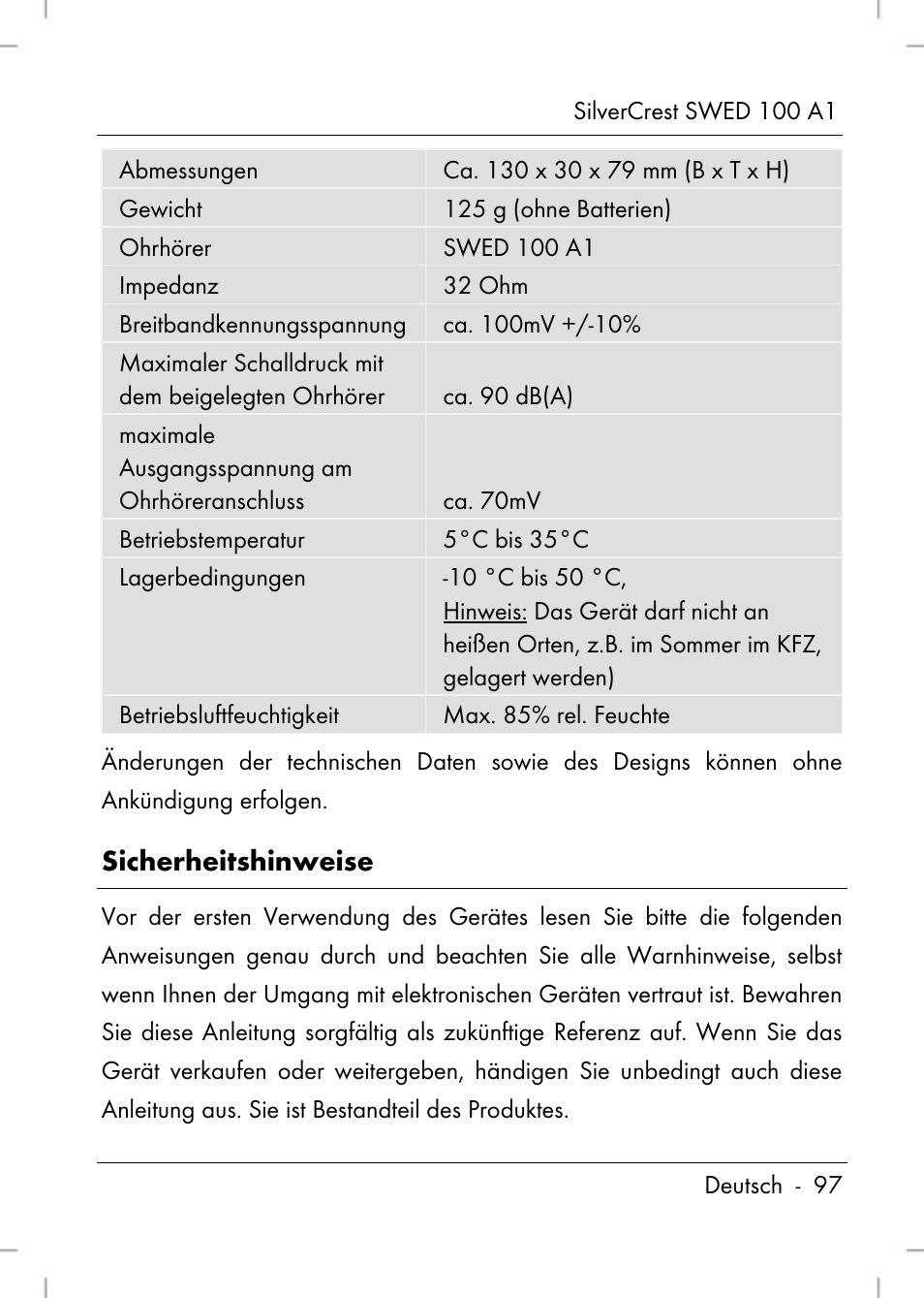 Sicherheitshinweise | Silvercrest SWED 100 A1 User Manual | Page 99 / 126