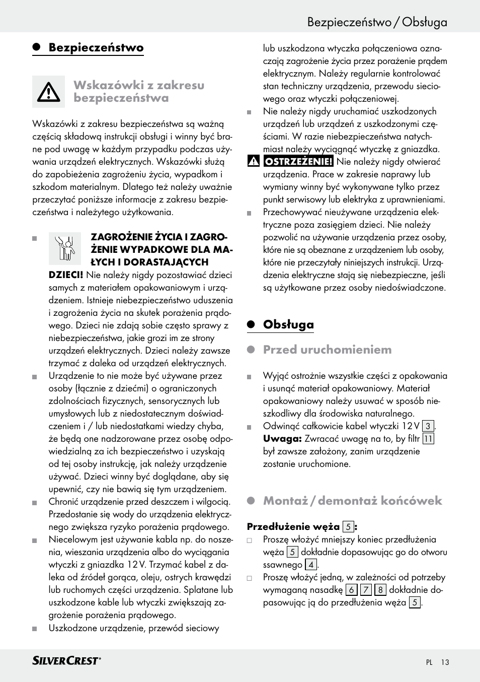Wstęp bezpieczeństwo / obsługa, Bezpieczeństwo, Wskazówki z zakresu bezpieczeństwa | Obsługa, Przed uruchomieniem, Montaż / demontaż końcówek | Silvercrest SHS 12.0 A1 User Manual | Page 13 / 47