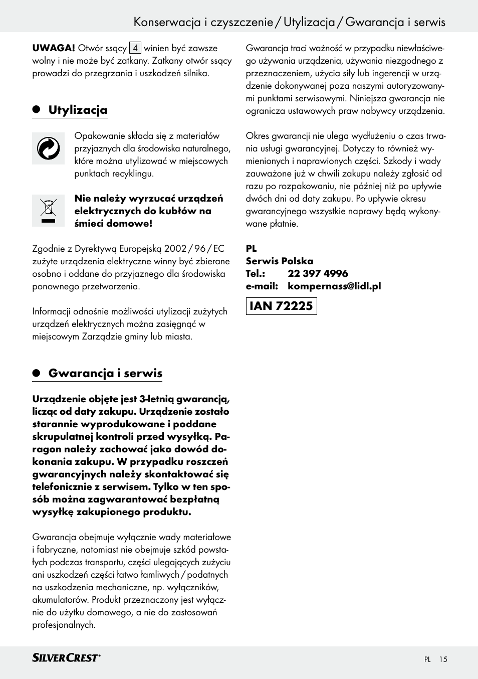 Utylizacja, Gwarancja i serwis | Silvercrest SHS 12.0 A1 User Manual | Page 15 / 47