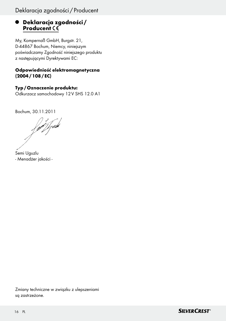 Deklaracja zgodności / producent, Tartalomjegyzék | Silvercrest SHS 12.0 A1 User Manual | Page 16 / 47