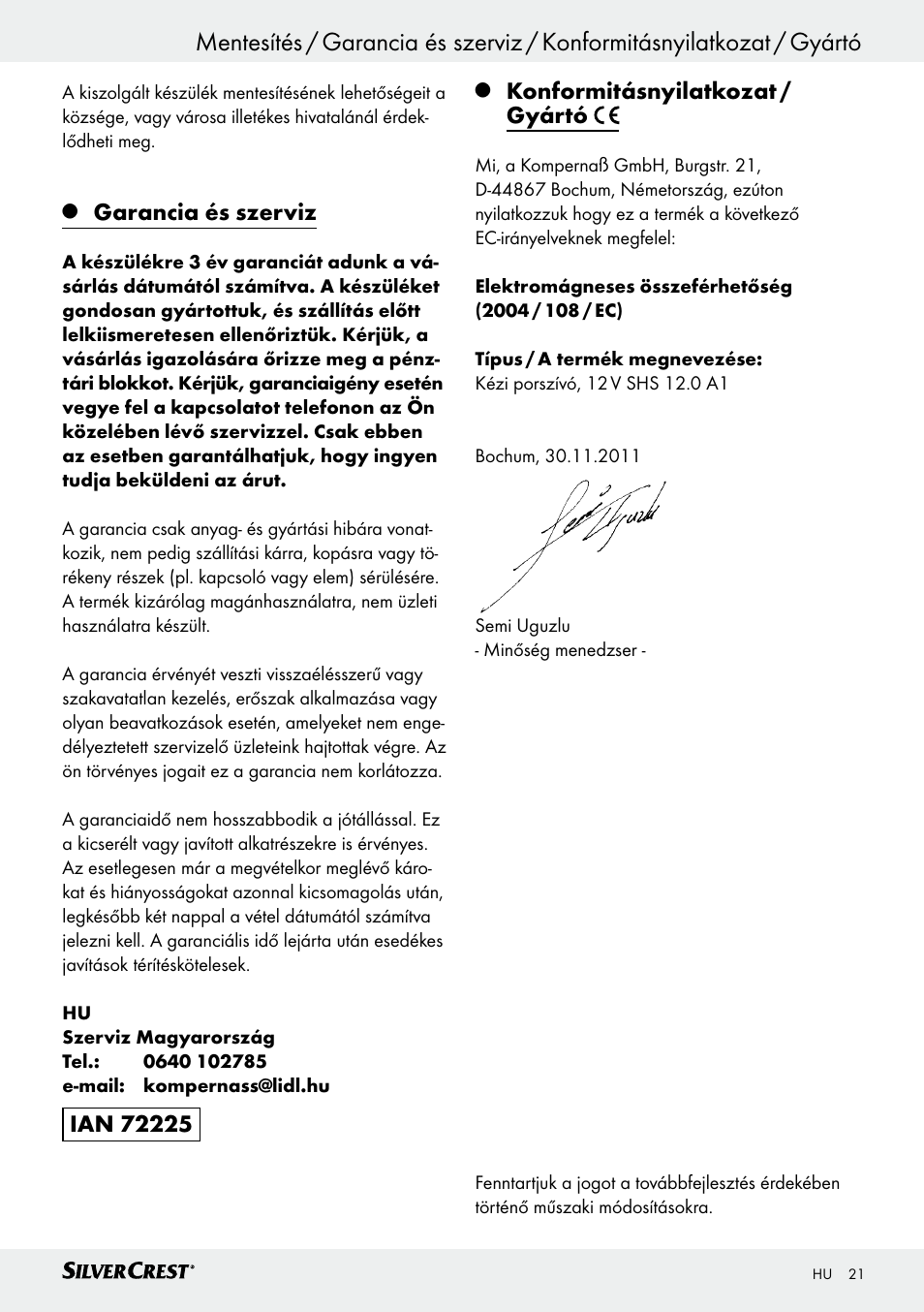 Garancia és szerviz, Konformitásnyilatkozat / gyártó | Silvercrest SHS 12.0 A1 User Manual | Page 21 / 47
