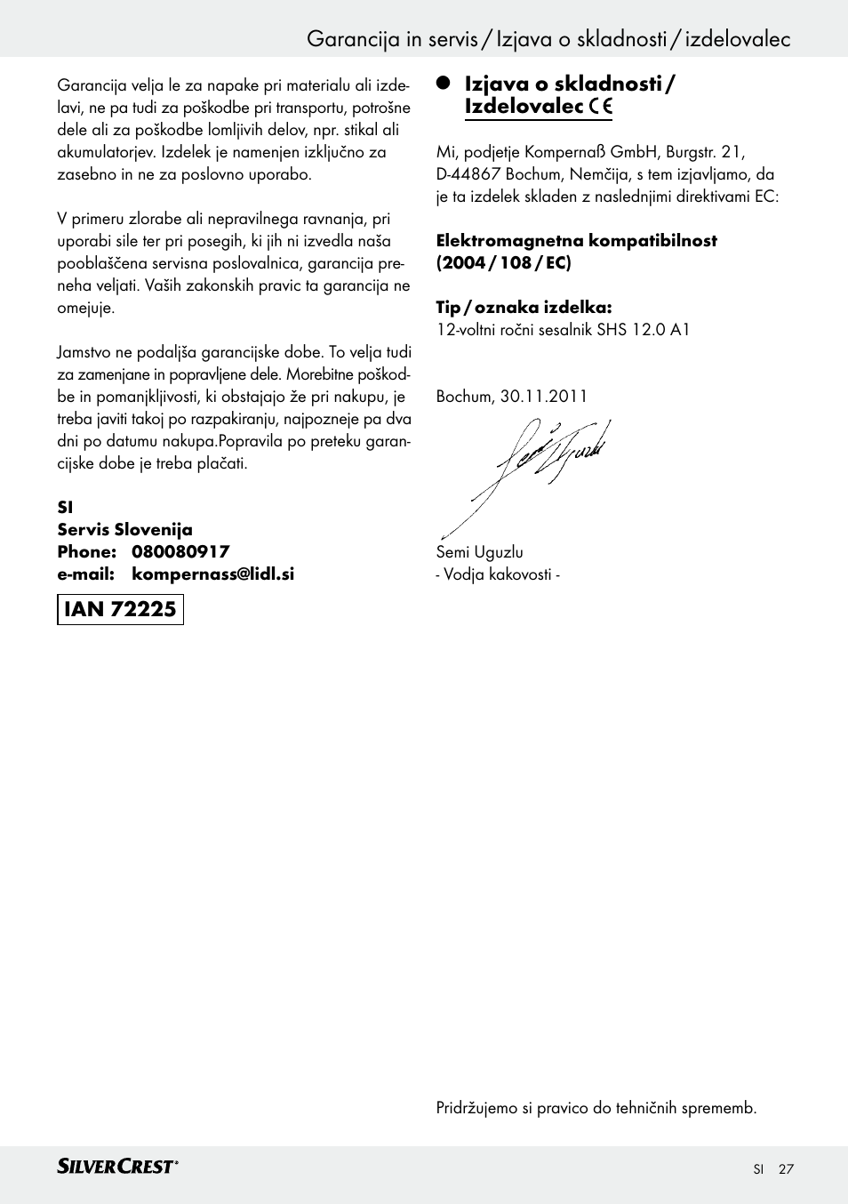 Izjava o skladnosti / izdelovalec | Silvercrest SHS 12.0 A1 User Manual | Page 27 / 47