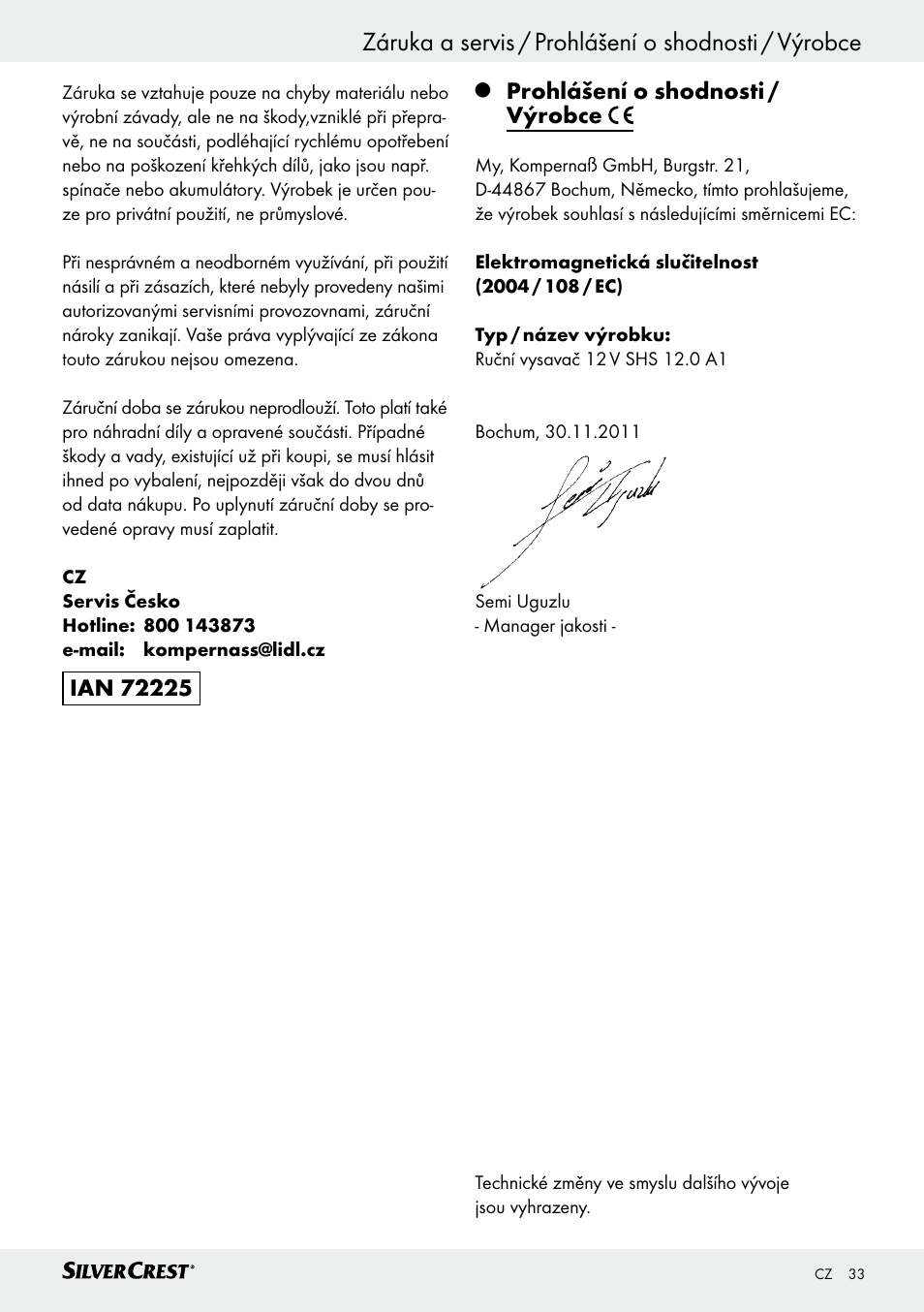 Prohlášení o shodnosti / výrobce | Silvercrest SHS 12.0 A1 User Manual | Page 33 / 47