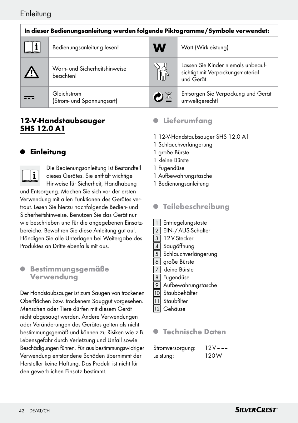 Sicherheit / bedienung, V-handstaubsauger shs 12.0 a1, Einleitung | Bestimmungsgemäße verwendung, Lieferumfang, Teilebeschreibung, Technische daten | Silvercrest SHS 12.0 A1 User Manual | Page 42 / 47