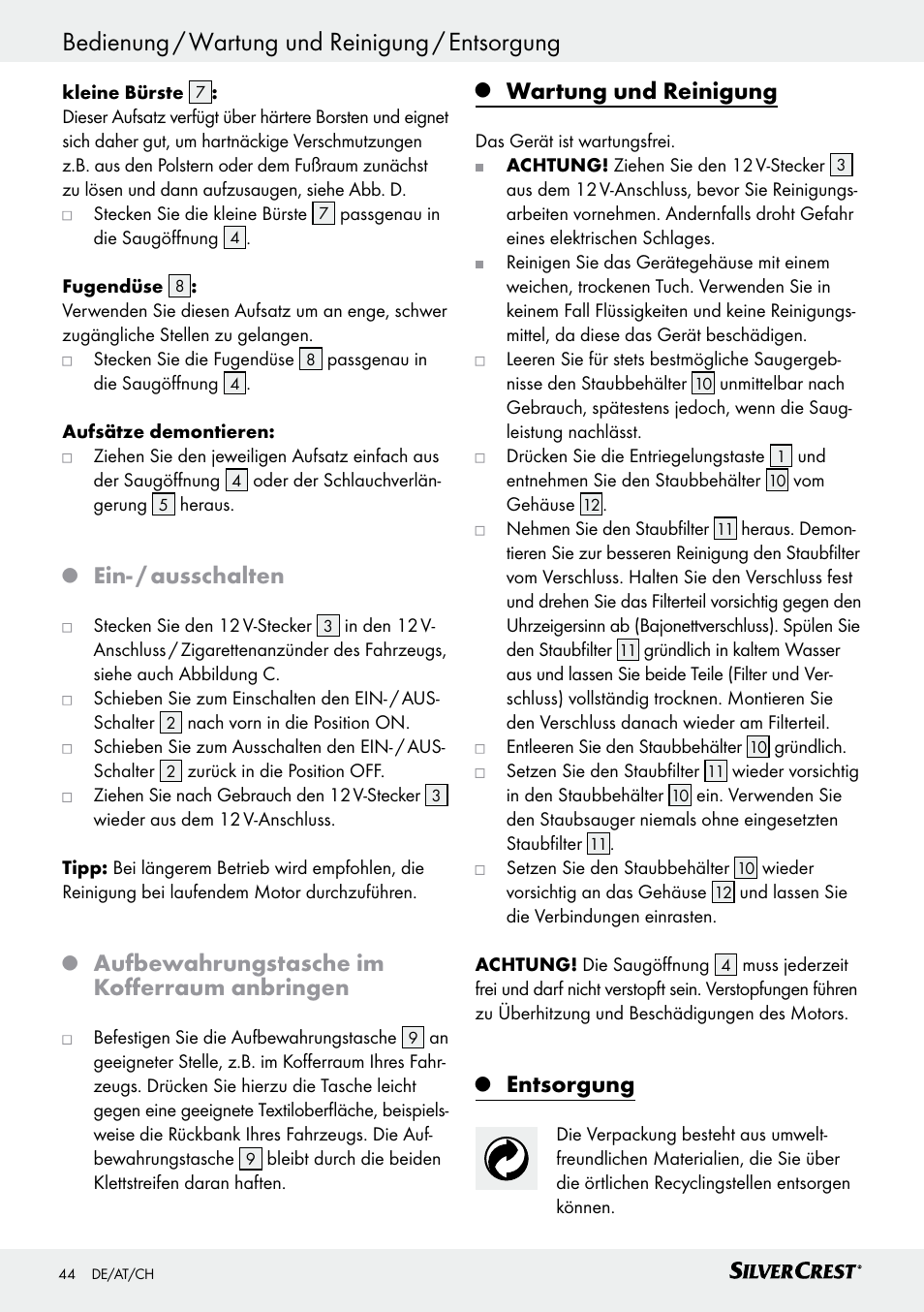 Ein- / ausschalten, Aufbewahrungstasche im kofferraum anbringen, Wartung und reinigung | Entsorgung | Silvercrest SHS 12.0 A1 User Manual | Page 44 / 47