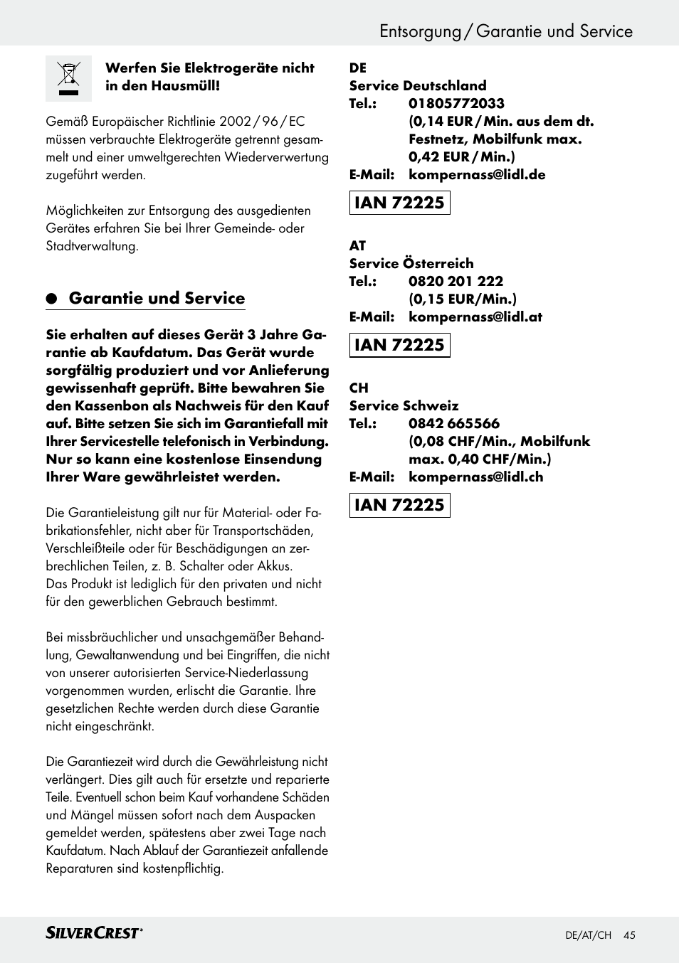 Garantie und service | Silvercrest SHS 12.0 A1 User Manual | Page 45 / 47