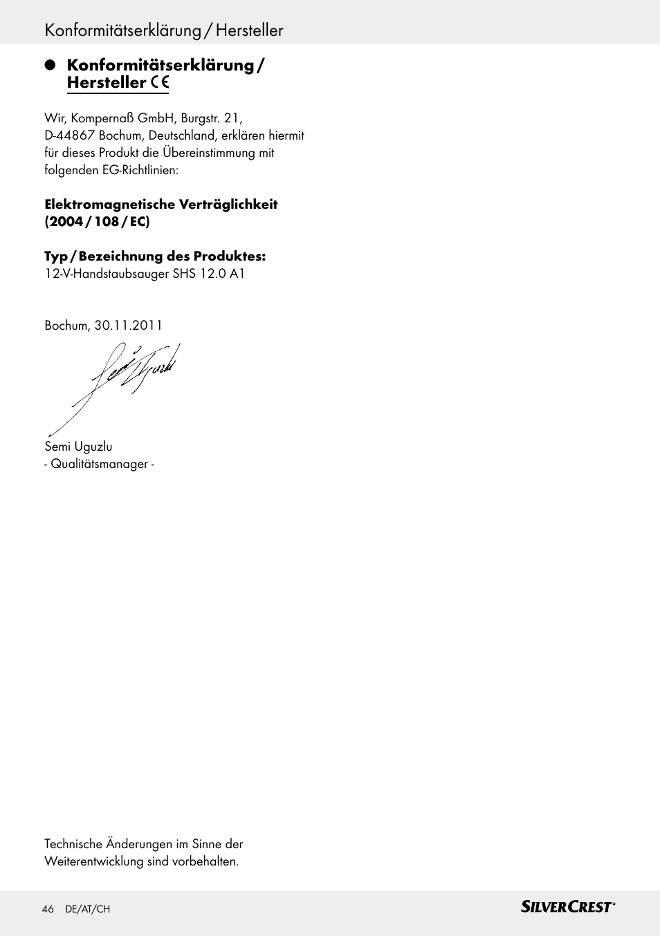 Konformitätserklärung / hersteller | Silvercrest SHS 12.0 A1 User Manual | Page 46 / 47