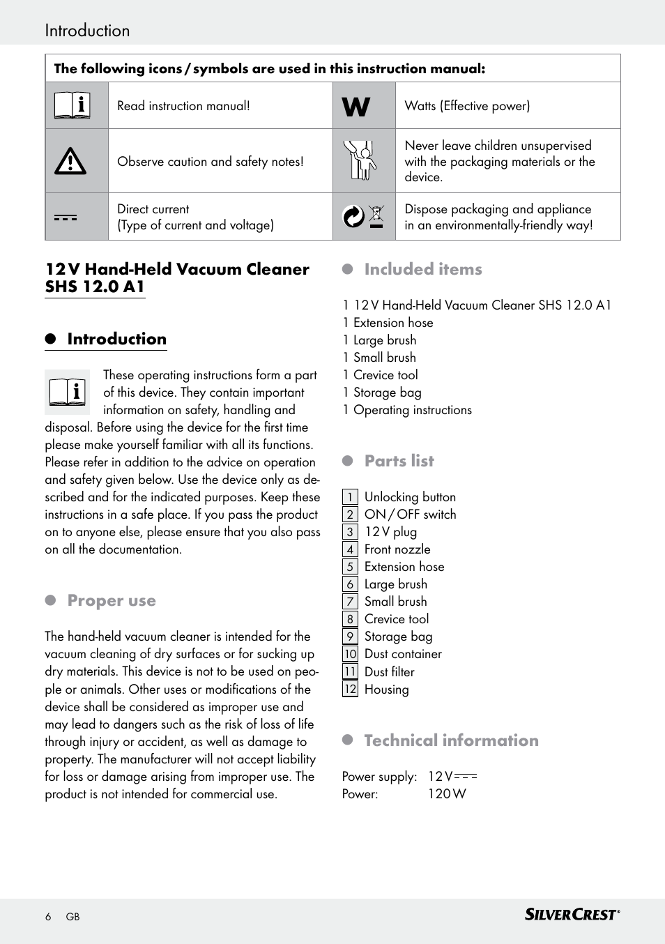 Safety / operation introduction, Introduction, Proper use | Included items, Parts list, Technical information | Silvercrest SHS 12.0 A1 User Manual | Page 6 / 47
