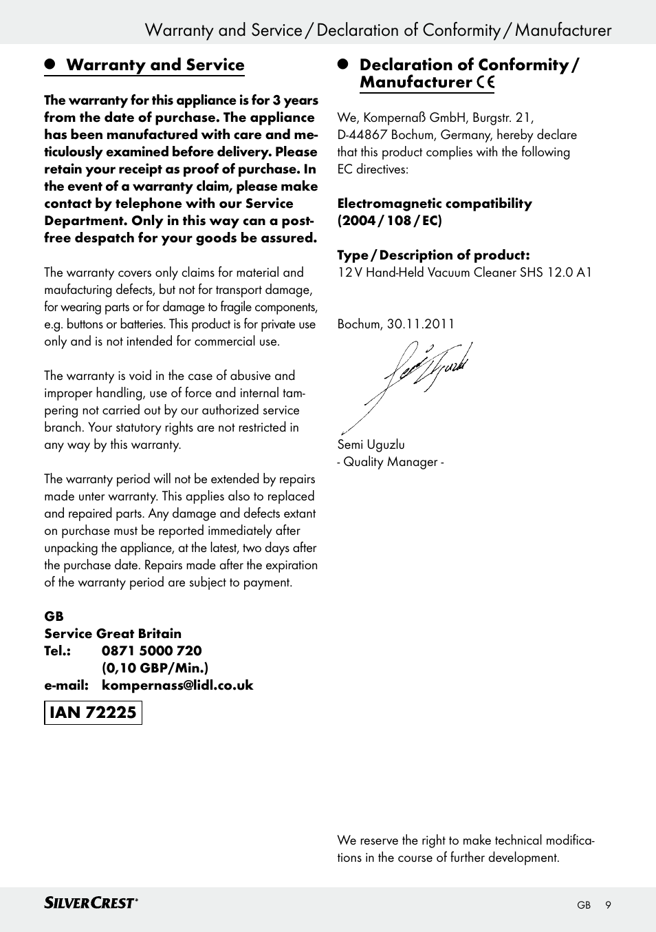 Operation / servicing and cleaning / disposal, Warranty and service, Declaration of conformity / manufacturer | Silvercrest SHS 12.0 A1 User Manual | Page 9 / 47