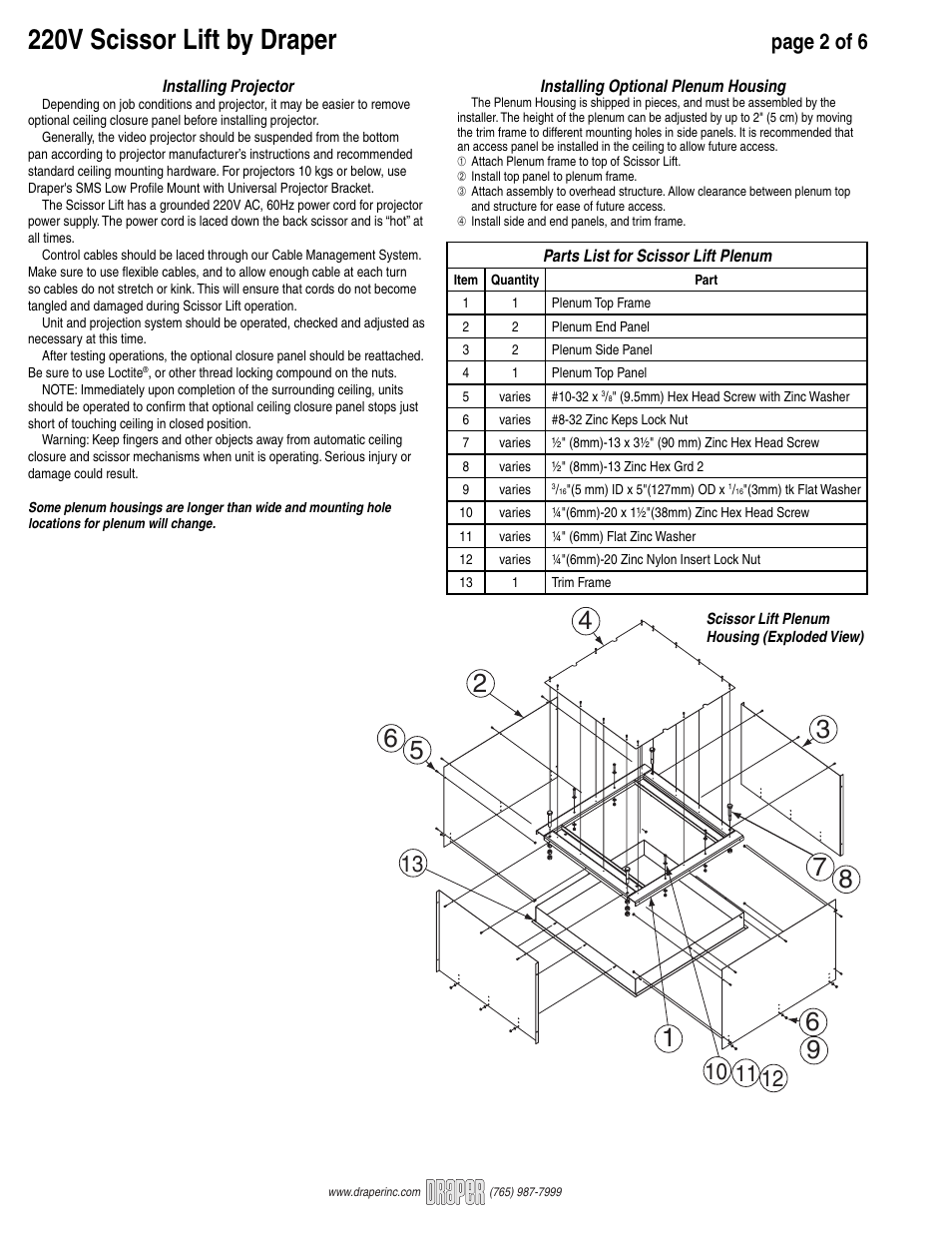 220v scissor lift by draper, Page 2 of 6 | Draper 220V SLX User Manual | Page 2 / 6