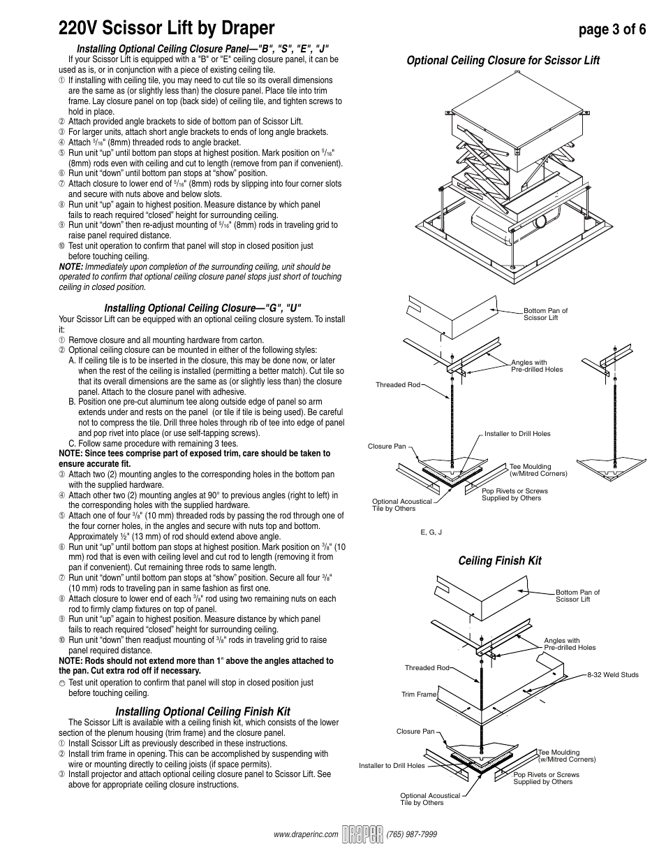 220v scissor lift by draper, Page 3 of 6, Installing optional ceiling finish kit | Ceiling finish kit, Optional ceiling closure for scissor lift, Installing optional ceiling closure—"g", "u | Draper 220V SLX User Manual | Page 3 / 6