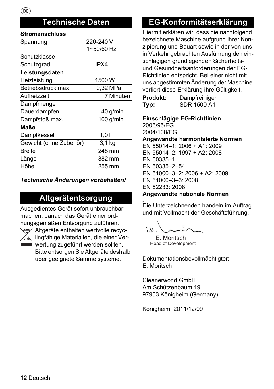 Technische daten, 12 altgerätentsorgung, 12 eg-konformitätserklärung | Altgerätentsorgung eg-konformitätserklärung | Silvercrest SDR 1500 A1 User Manual | Page 12 / 86