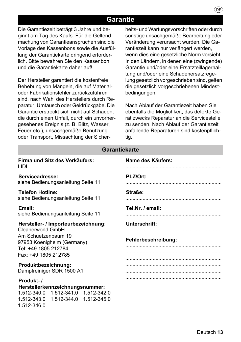 Garantie | Silvercrest SDR 1500 A1 User Manual | Page 13 / 86