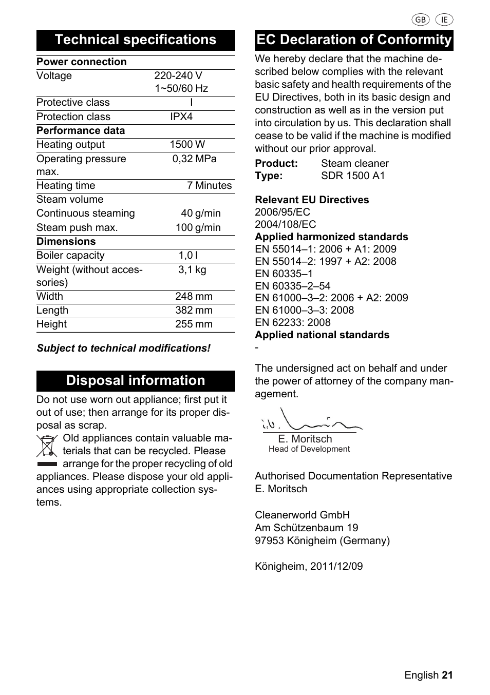 Technical specifications, 21 disposal information, 21 ec declaration of conformity | Disposal information ec declaration of conformity | Silvercrest SDR 1500 A1 User Manual | Page 21 / 86