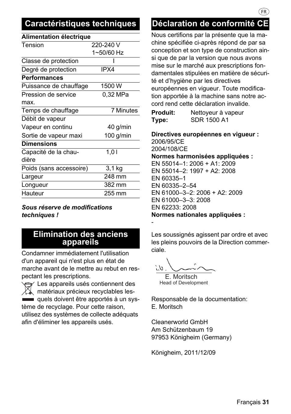 Caractéristiques techniques, 31 elimination des anciens appareils, 31 déclaration de conformité ce | Silvercrest SDR 1500 A1 User Manual | Page 31 / 86