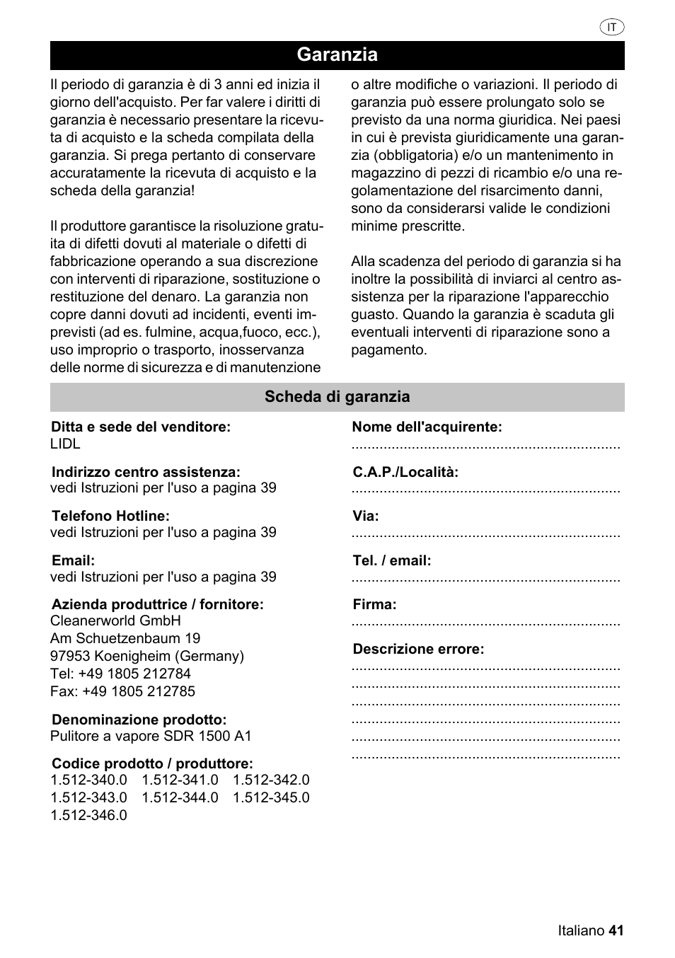 Garanzia | Silvercrest SDR 1500 A1 User Manual | Page 41 / 86