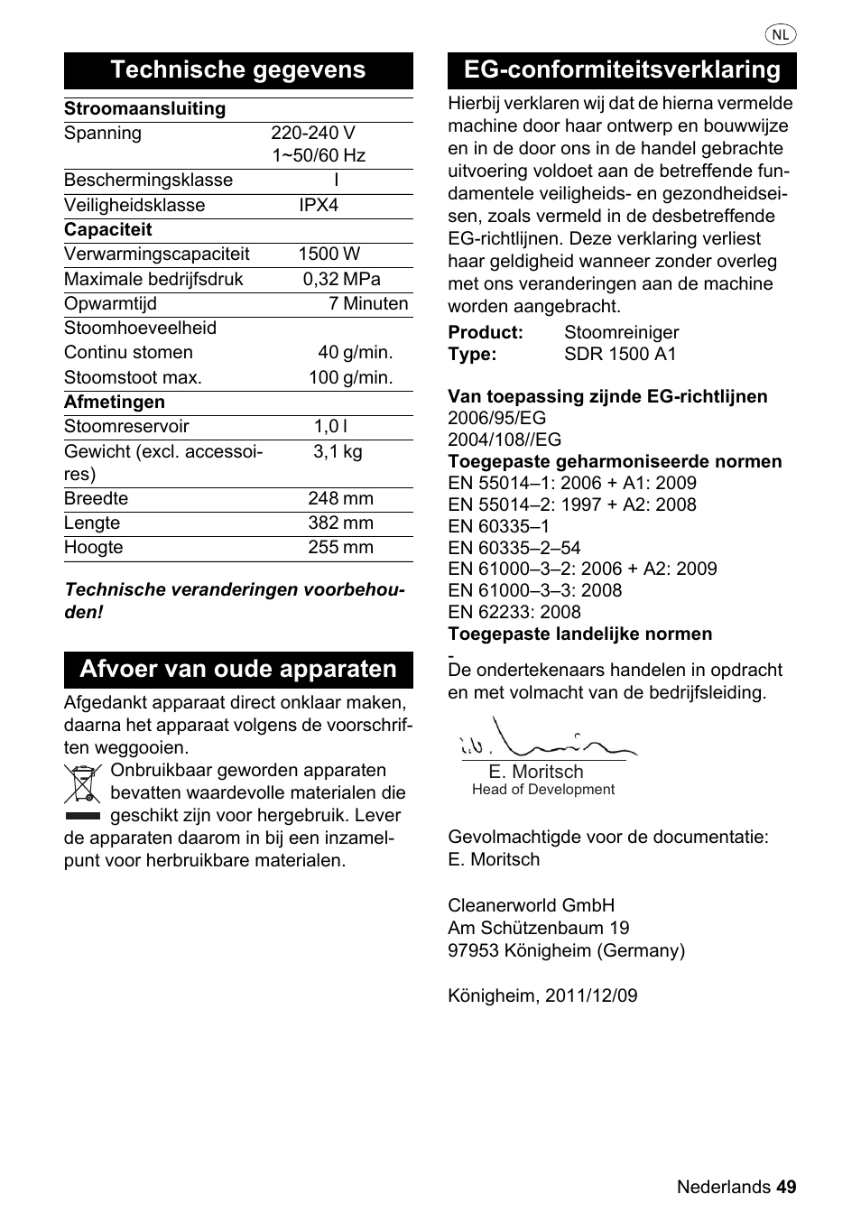 Technische gegevens, 49 afvoer van oude apparaten, 49 eg-conformiteitsverklaring | Silvercrest SDR 1500 A1 User Manual | Page 49 / 86