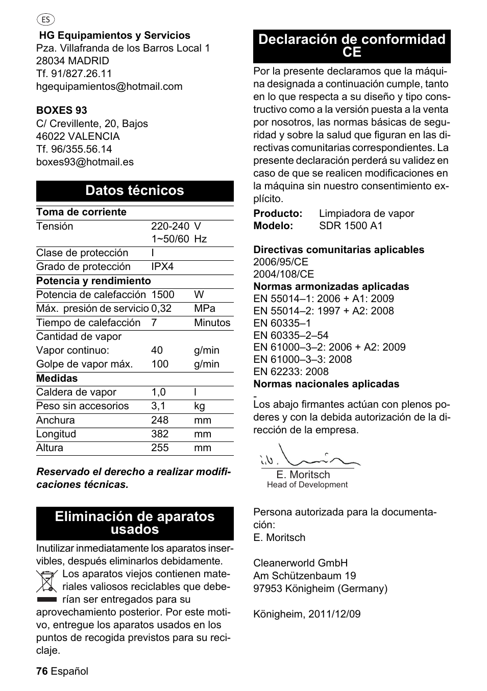 Datos técnicos, Eliminación de aparatos usados, Declaración de conformidad ce | Silvercrest SDR 1500 A1 User Manual | Page 76 / 86