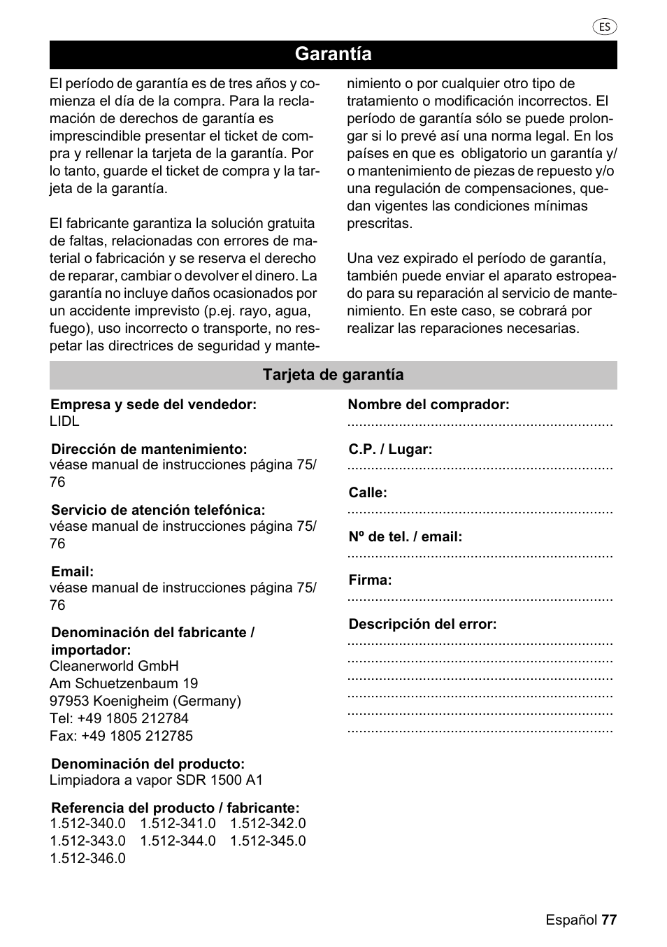 Garantía | Silvercrest SDR 1500 A1 User Manual | Page 77 / 86