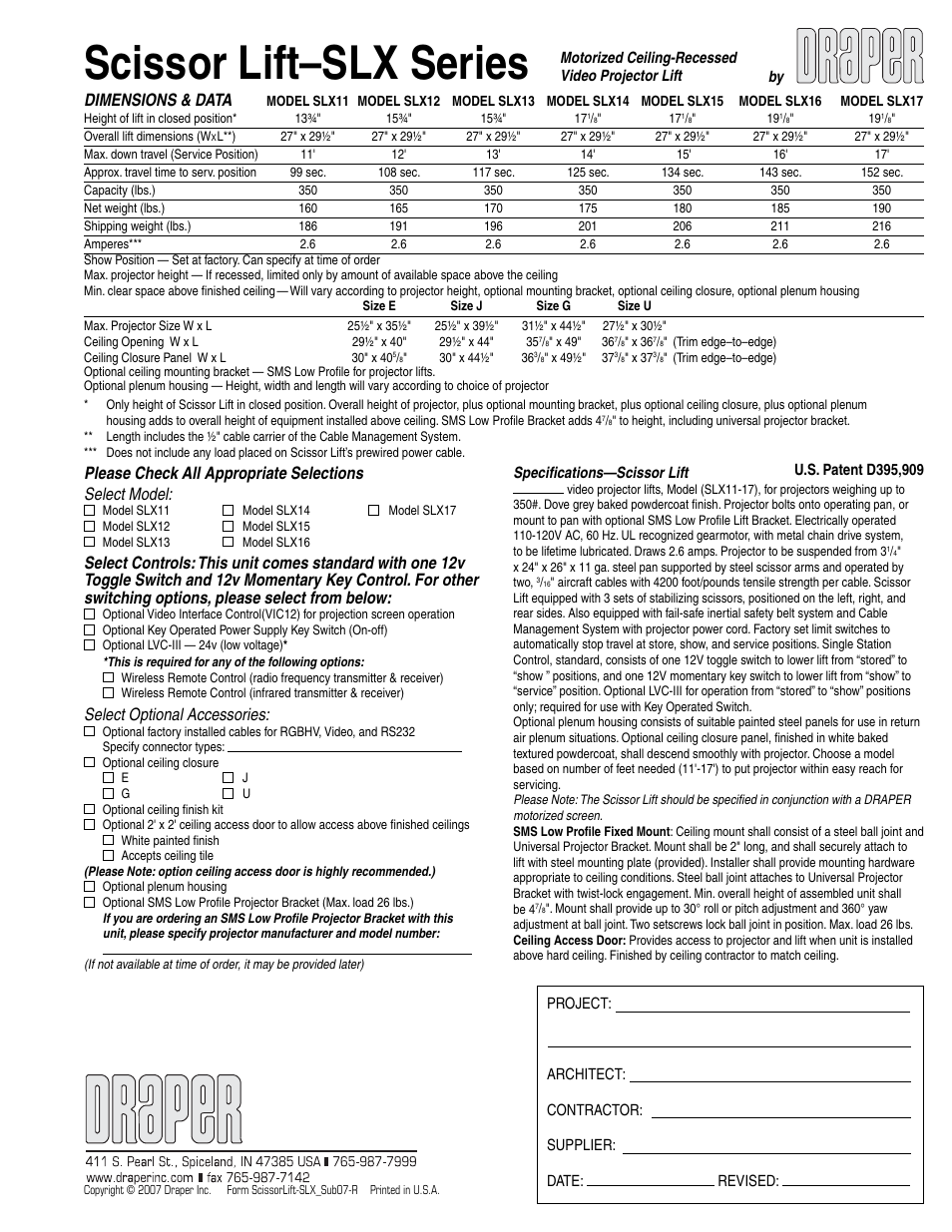 Draper Motorized Ceiling-Recessed SLX12 User Manual | 2 pages