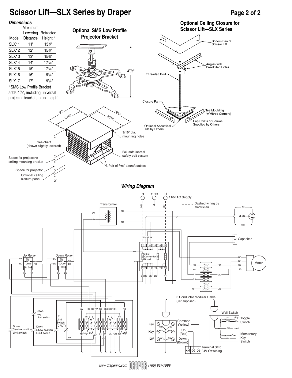 Scissor lift—slx series by draper, Page 2 of 2, Wiring diagram | Optional sms low profi le projector bracket, Dimensions, Maximum lowering retracted model distance height, Sms low profi le bracket adds 4 | Draper Motorized Ceiling-Recessed SLX12 User Manual | Page 2 / 2