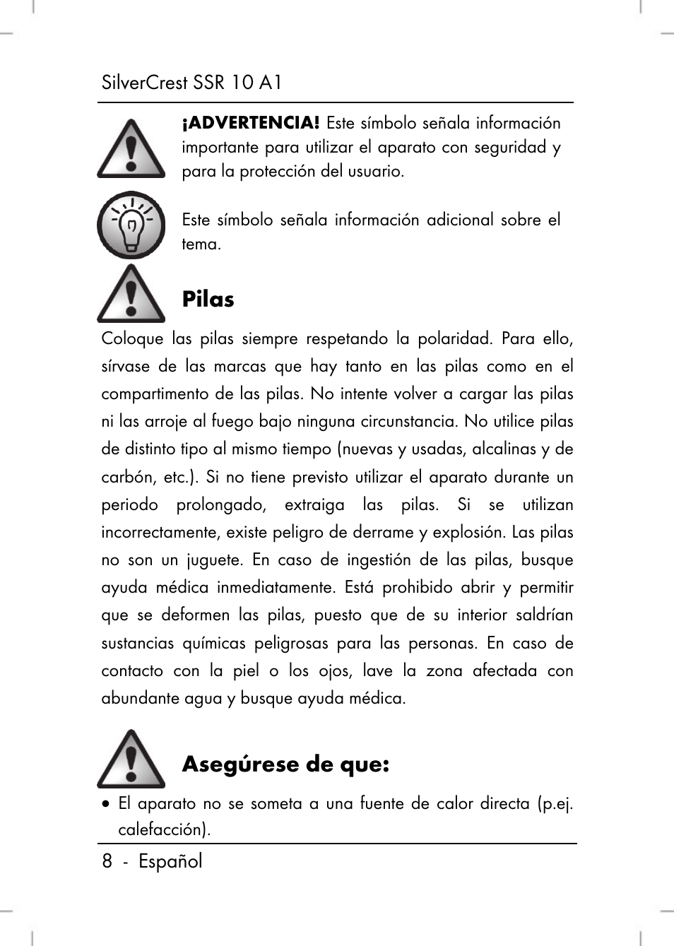 Pilas, Asegúrese de que | Silvercrest SSR 10 A1 User Manual | Page 10 / 74