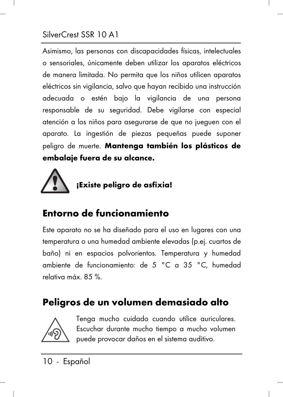 Entorno de funcionamiento, Peligros de un volumen demasiado alto | Silvercrest SSR 10 A1 User Manual | Page 12 / 74