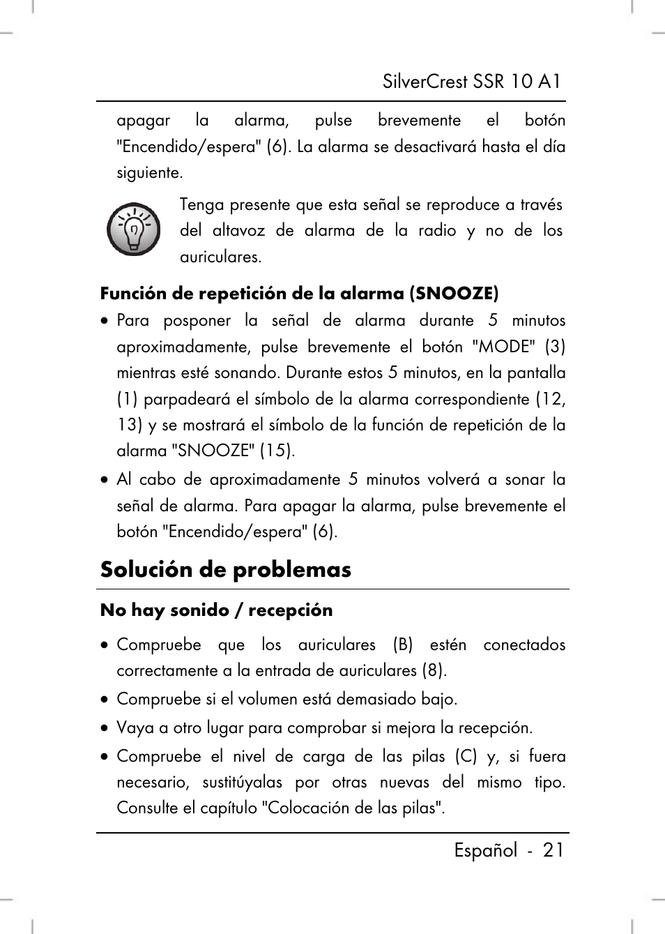 Solución de problemas | Silvercrest SSR 10 A1 User Manual | Page 23 / 74