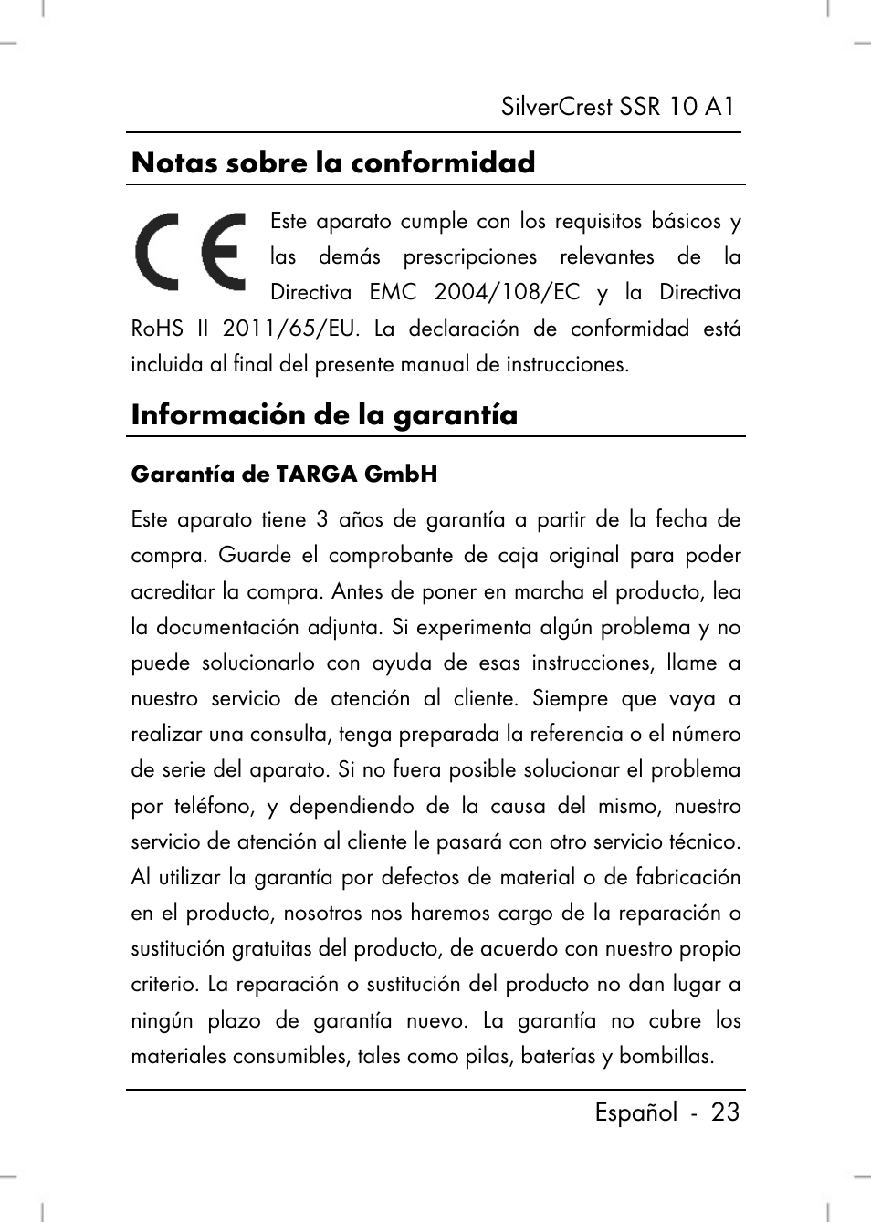 Notas sobre la conformidad, Información de la garantía | Silvercrest SSR 10 A1 User Manual | Page 25 / 74