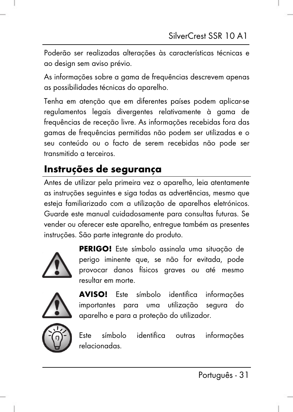 Instruções de segurança | Silvercrest SSR 10 A1 User Manual | Page 33 / 74