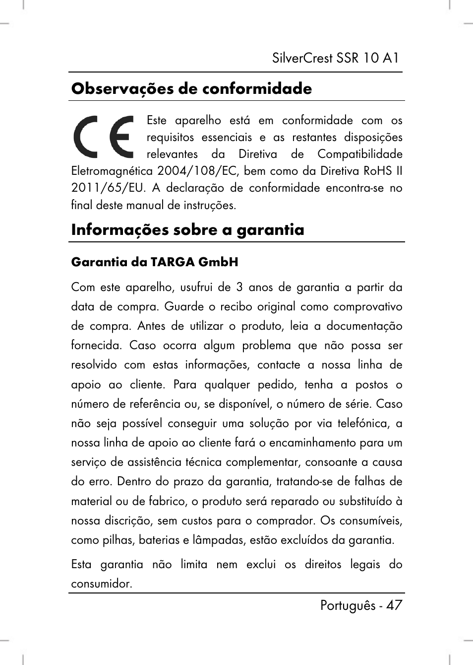 Observações de conformidade, Informações sobre a garantia | Silvercrest SSR 10 A1 User Manual | Page 49 / 74