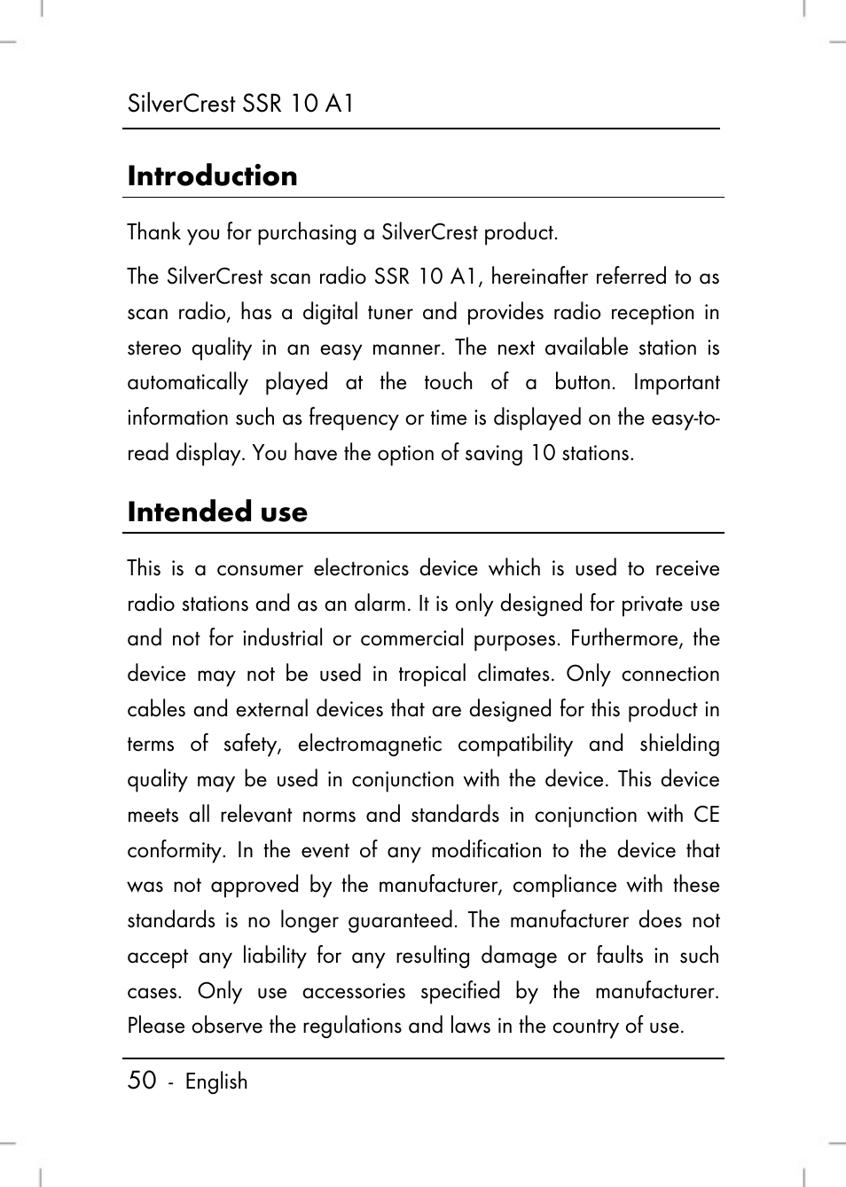 Introduction, Intended use | Silvercrest SSR 10 A1 User Manual | Page 52 / 74