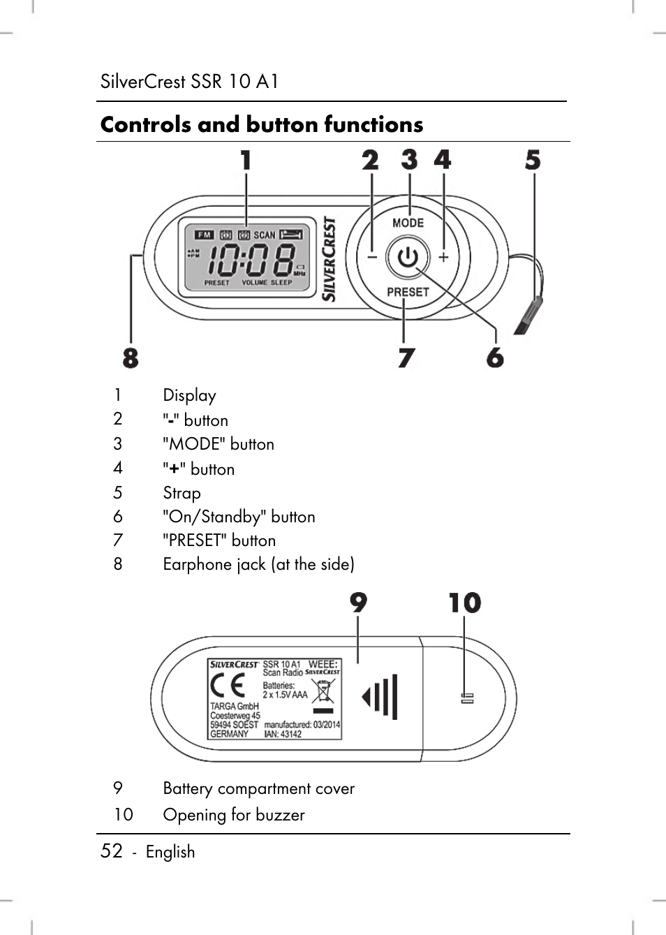 Controls and button functions | Silvercrest SSR 10 A1 User Manual | Page 54 / 74