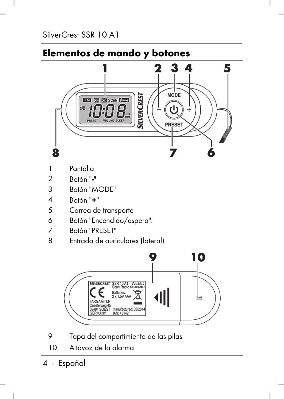 Elementos de mando y botones, Silvercrest ssr 10 a1 4 - español | Silvercrest SSR 10 A1 User Manual | Page 6 / 74