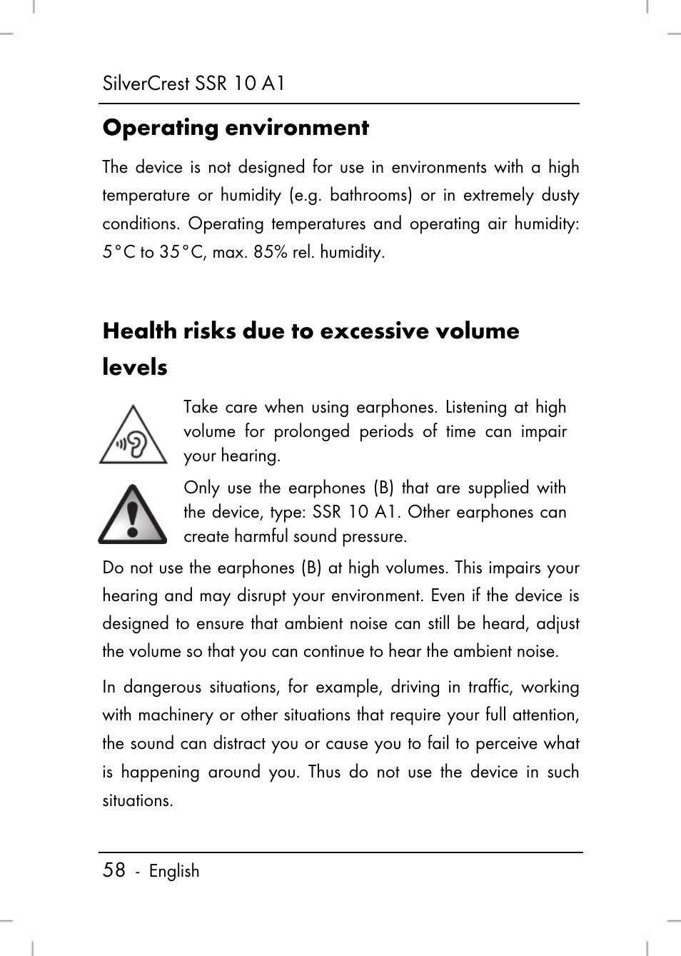 Operating environment, Health risks due to excessive volume levels | Silvercrest SSR 10 A1 User Manual | Page 60 / 74