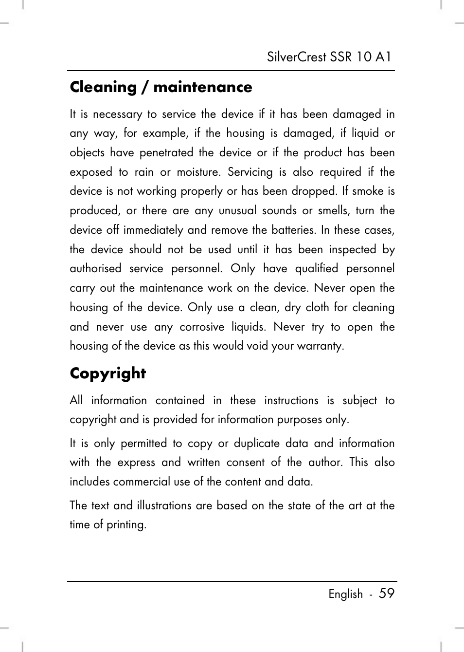 Cleaning / maintenance, Copyright | Silvercrest SSR 10 A1 User Manual | Page 61 / 74