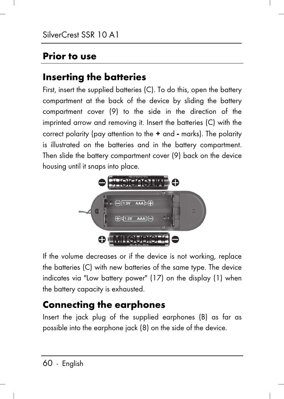 Prior to use inserting the batteries, Connecting the earphones | Silvercrest SSR 10 A1 User Manual | Page 62 / 74