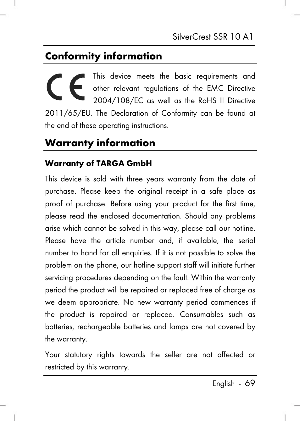 Conformity information, Warranty information | Silvercrest SSR 10 A1 User Manual | Page 71 / 74