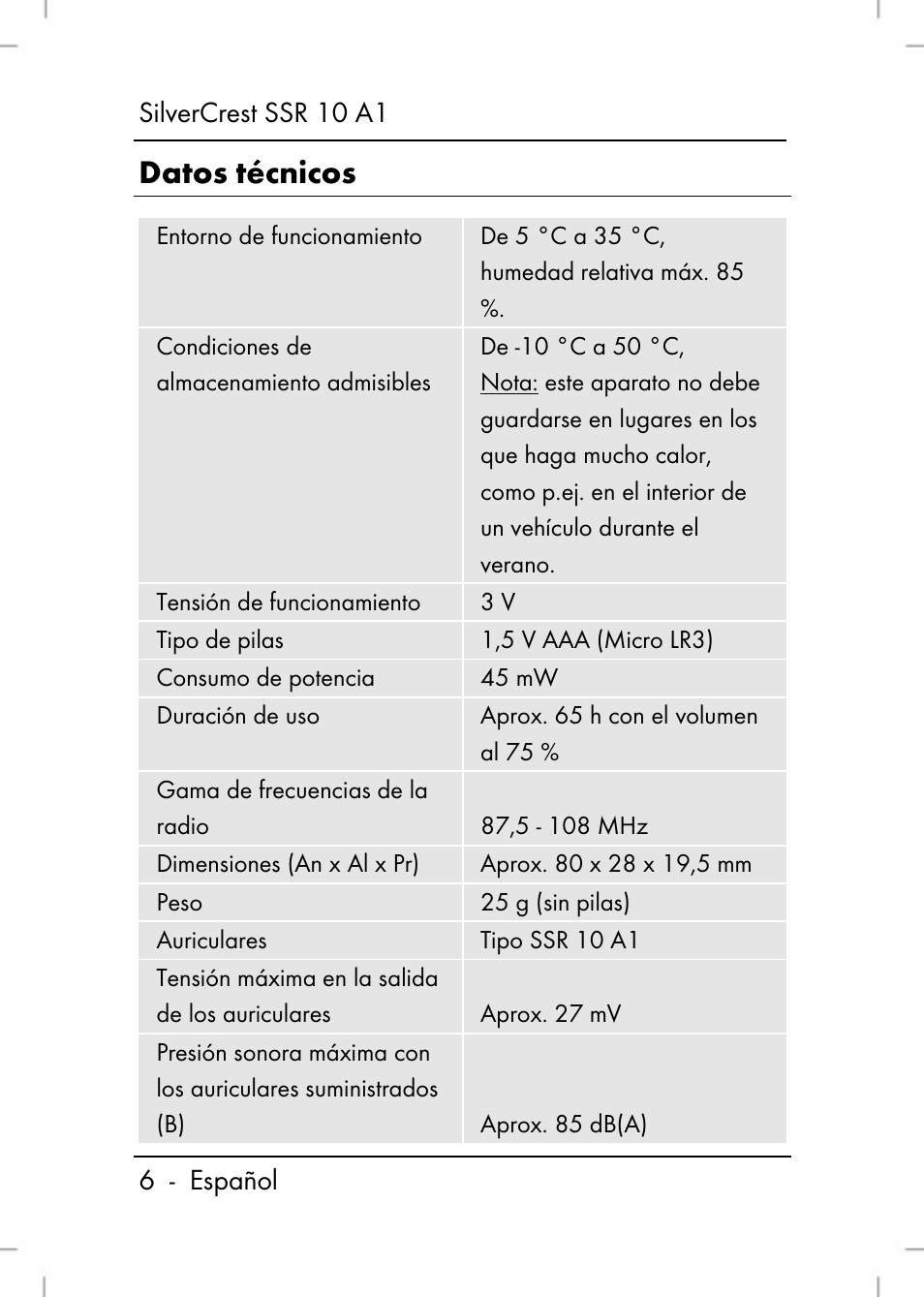 Datos técnicos | Silvercrest SSR 10 A1 User Manual | Page 8 / 74