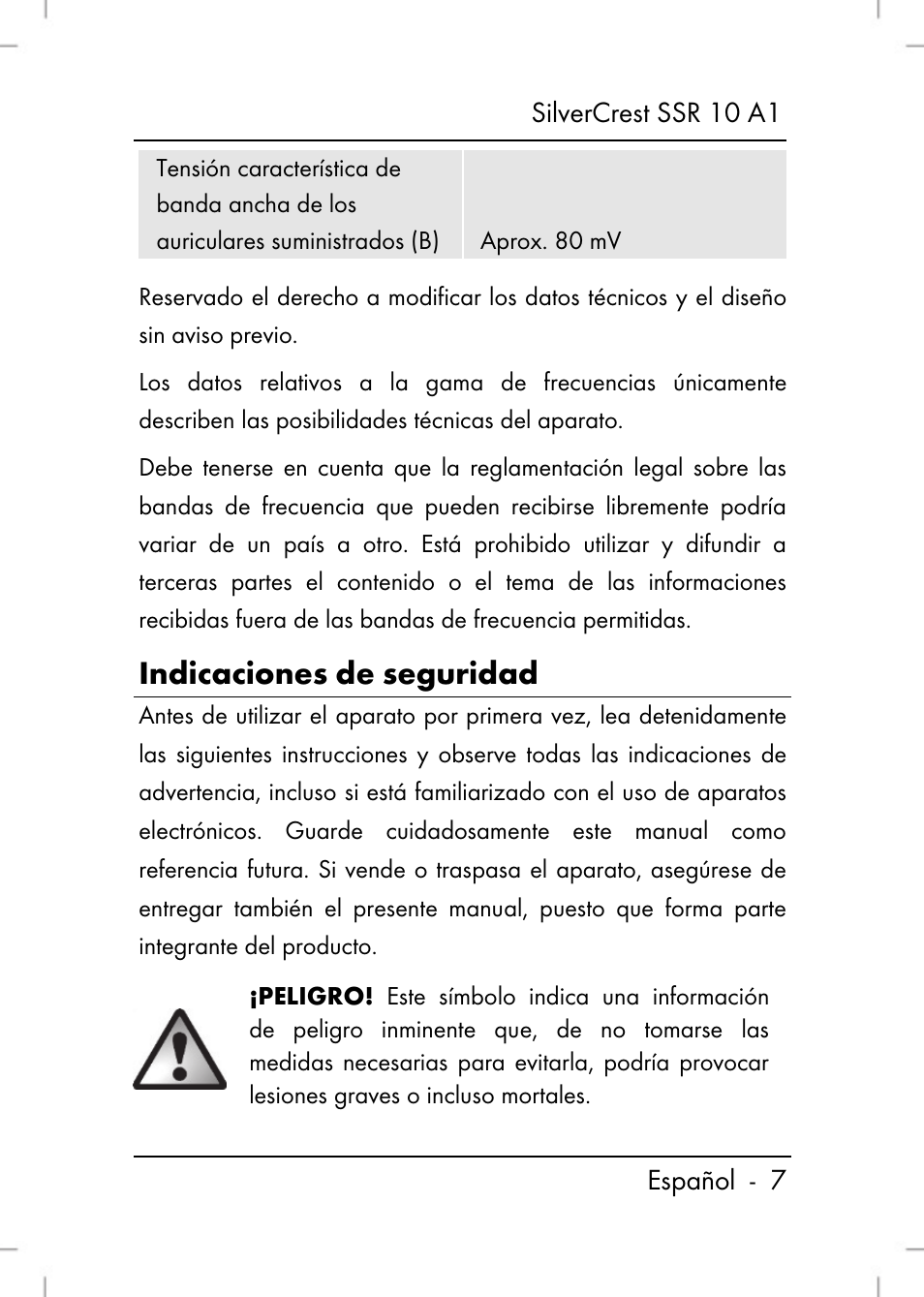 Indicaciones de seguridad | Silvercrest SSR 10 A1 User Manual | Page 9 / 74