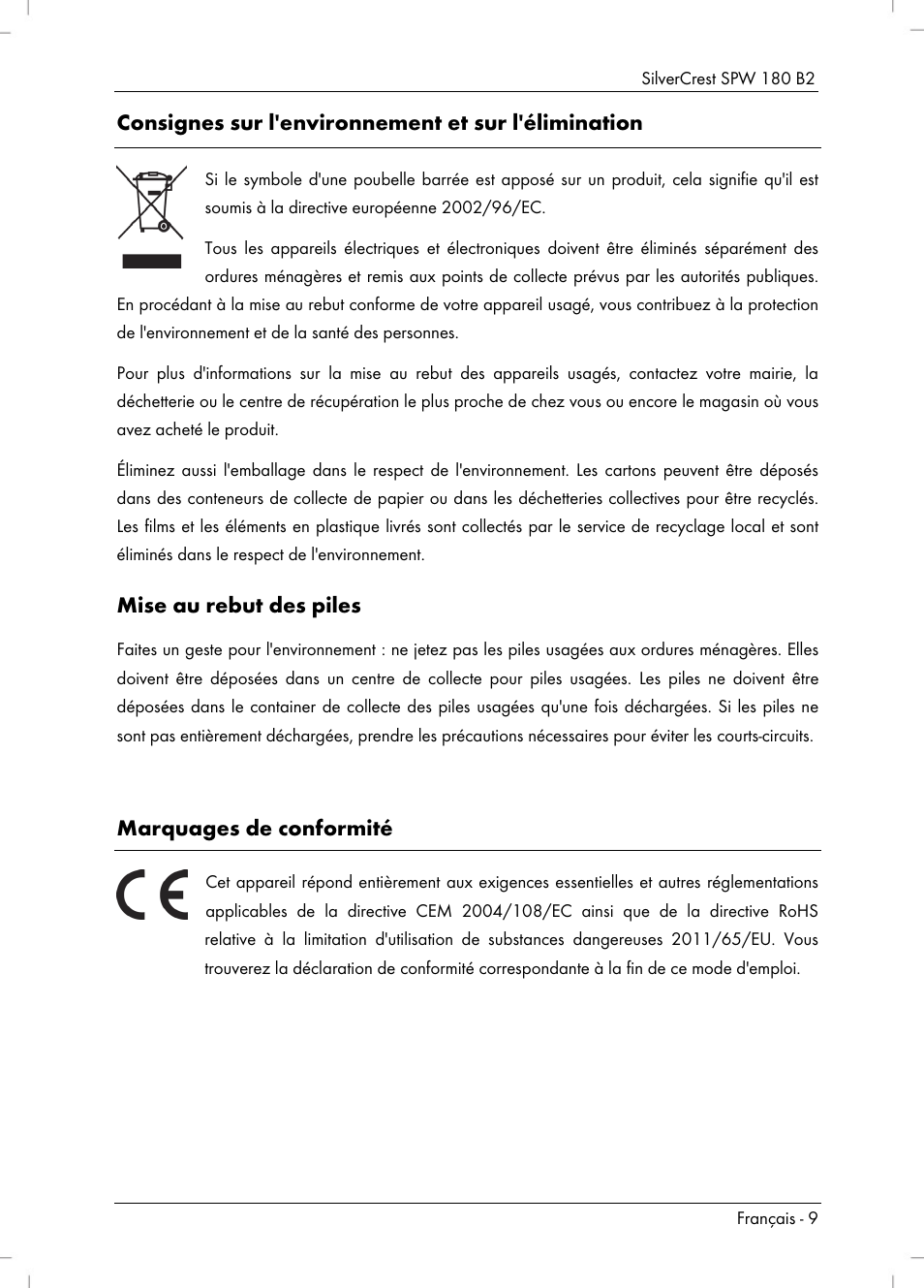 Consignes sur l'environnement et sur l'élimination, Mise au rebut des piles, Marquages de conformité | Silvercrest SPW 180 B2 User Manual | Page 11 / 40