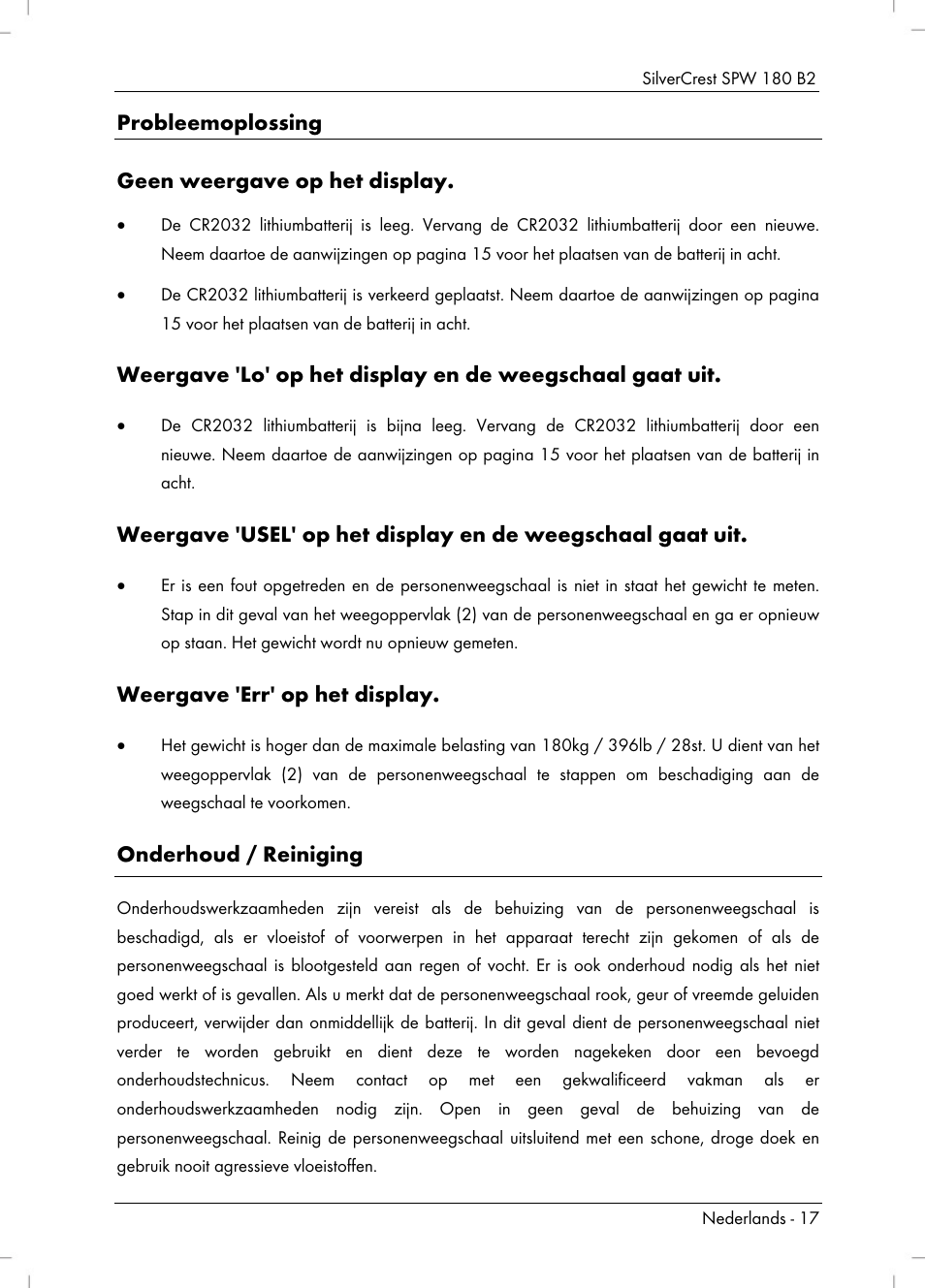 Probleemoplossing geen weergave op het display, Weergave 'err' op het display, Onderhoud / reiniging | Silvercrest SPW 180 B2 User Manual | Page 19 / 40