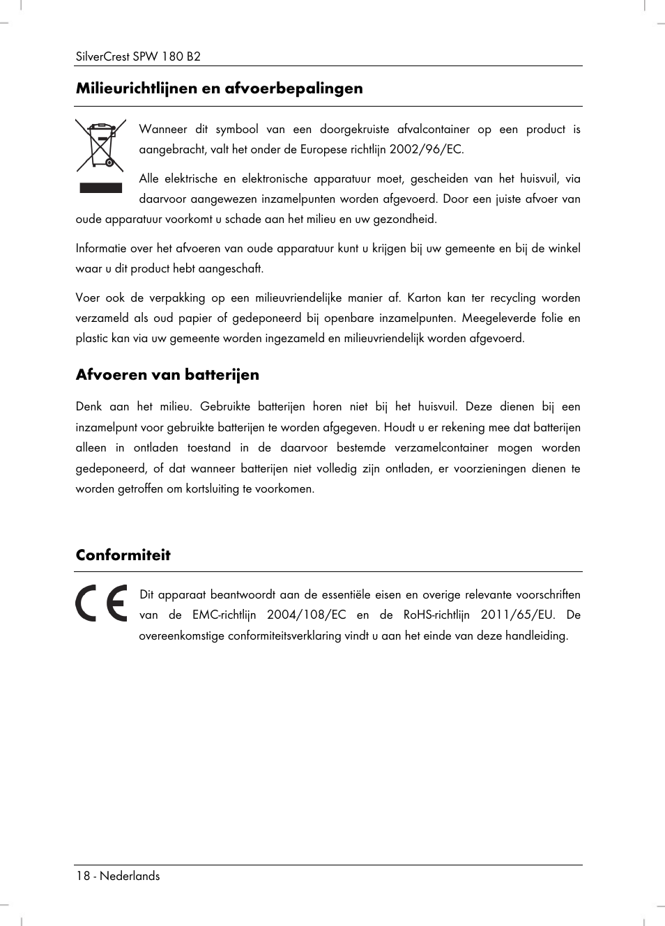Milieurichtlijnen en afvoerbepalingen, Afvoeren van batterijen, Conformiteit | Silvercrest SPW 180 B2 User Manual | Page 20 / 40