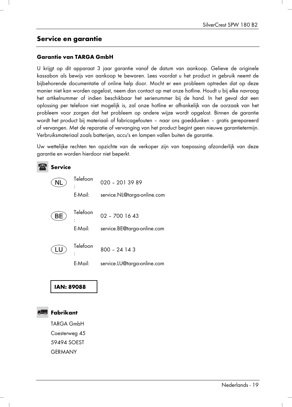 Service en garantie | Silvercrest SPW 180 B2 User Manual | Page 21 / 40
