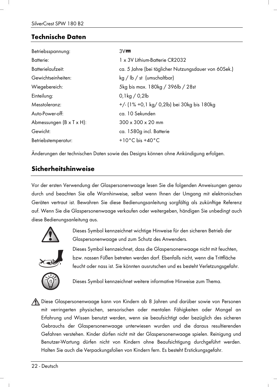 Technische daten, Sicherheitshinweise | Silvercrest SPW 180 B2 User Manual | Page 24 / 40