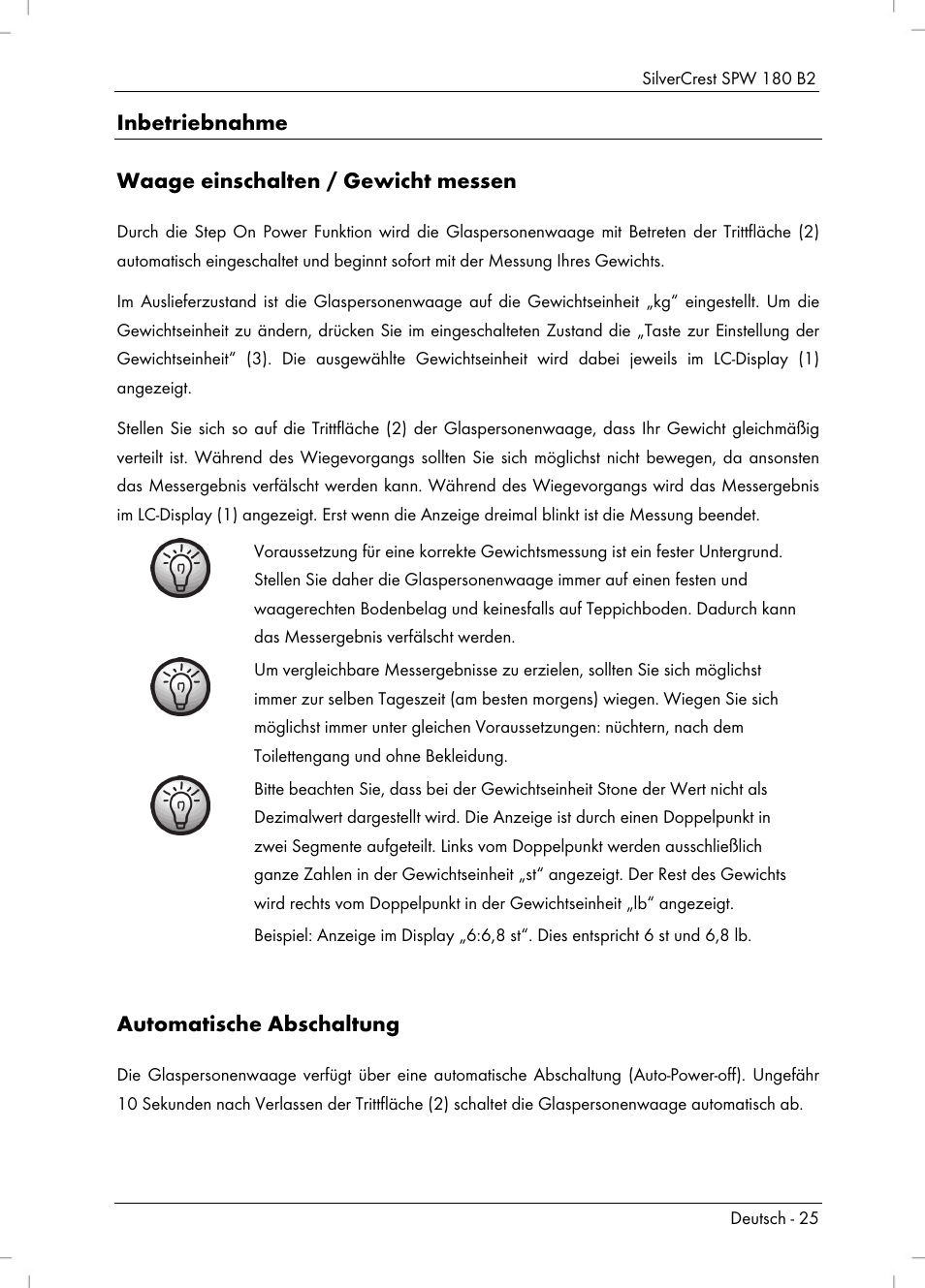 Inbetriebnahme waage einschalten / gewicht messen, Automatische abschaltung | Silvercrest SPW 180 B2 User Manual | Page 27 / 40