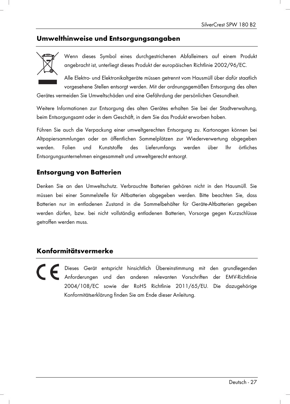 Umwelthinweise und entsorgungsangaben, Entsorgung von batterien, Konformitätsvermerke | Silvercrest SPW 180 B2 User Manual | Page 29 / 40