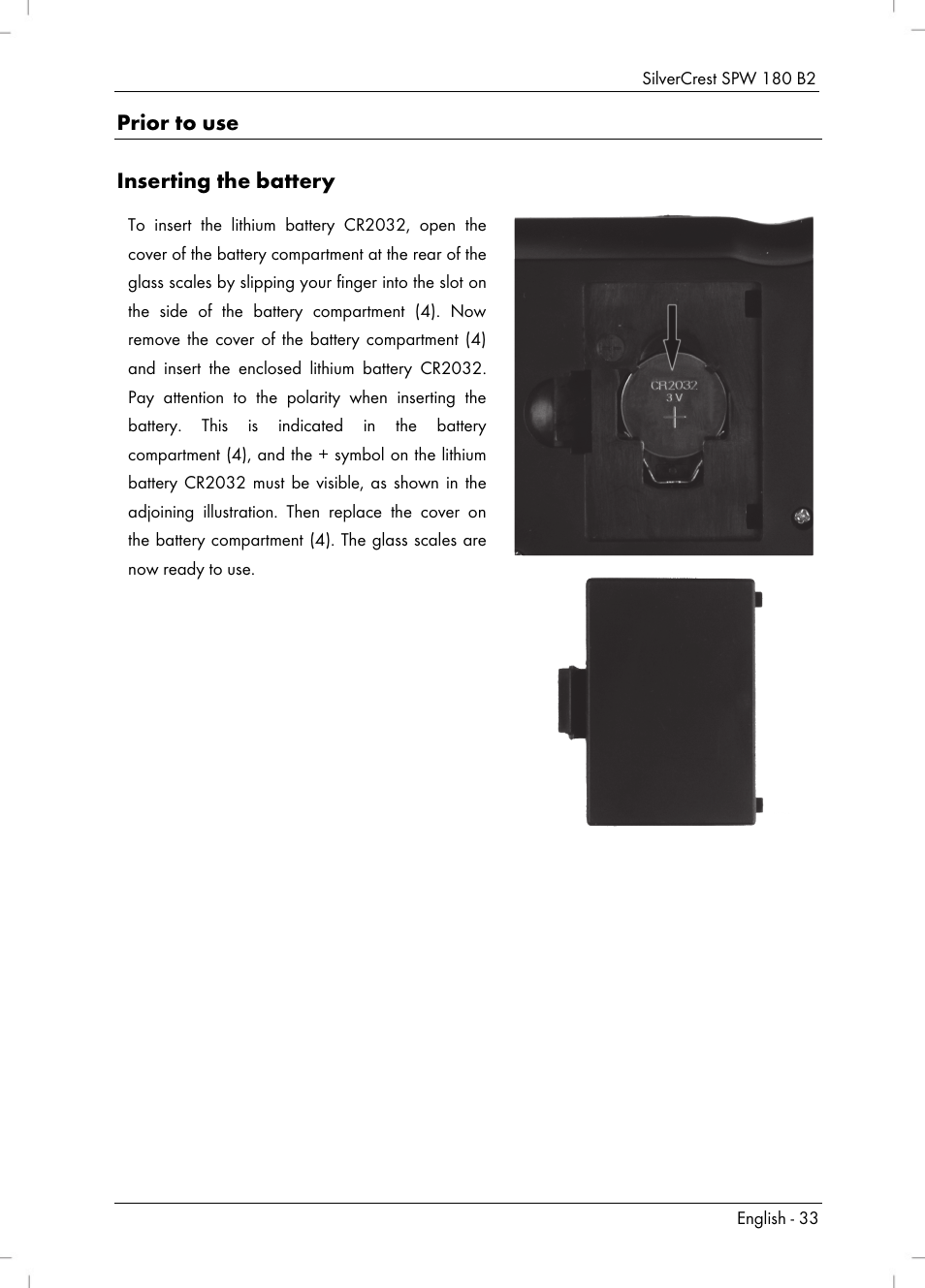 Prior to use inserting the battery | Silvercrest SPW 180 B2 User Manual | Page 35 / 40