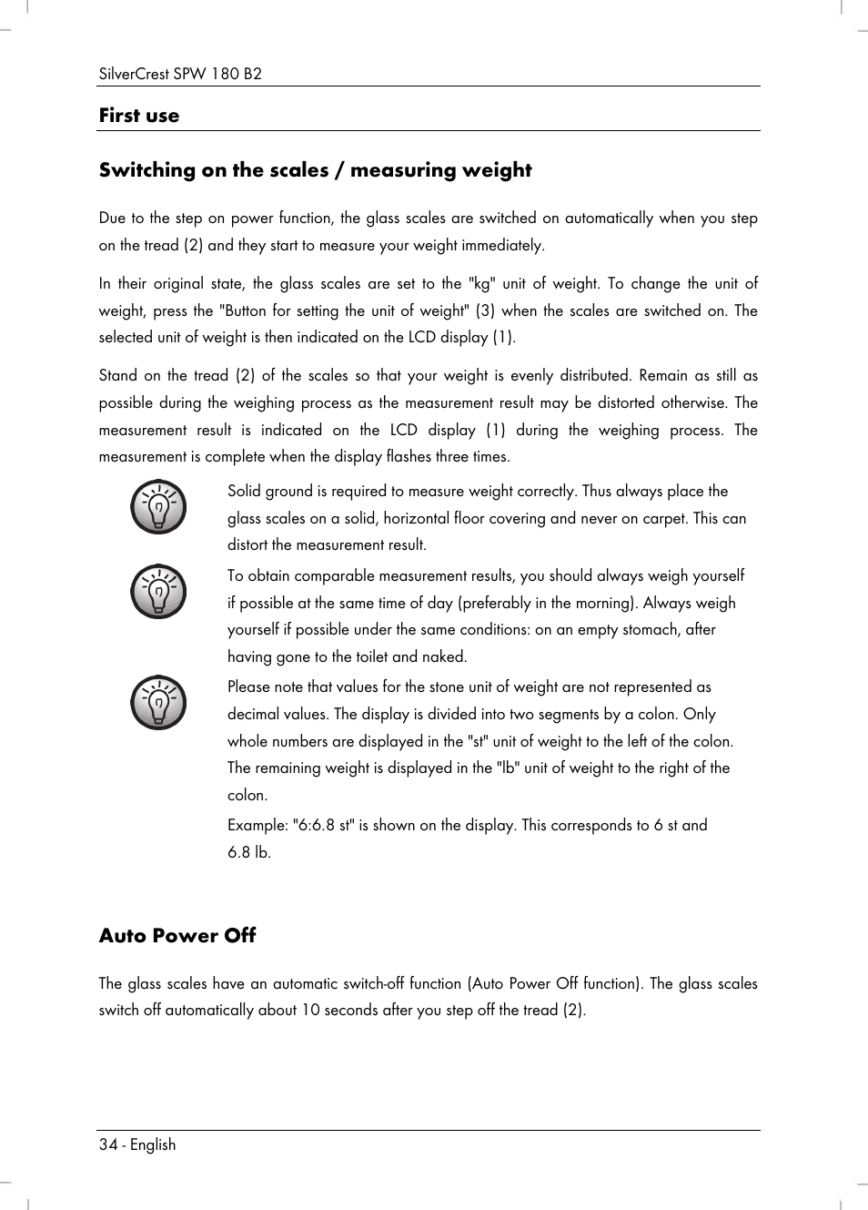 Auto power off | Silvercrest SPW 180 B2 User Manual | Page 36 / 40