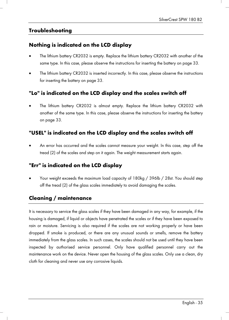 Err" is indicated on the lcd display, Cleaning / maintenance | Silvercrest SPW 180 B2 User Manual | Page 37 / 40